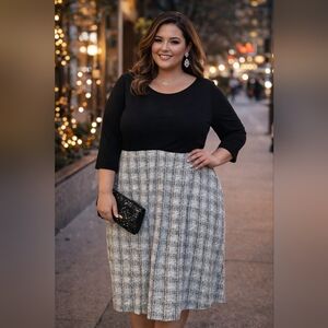 Black & White Tweed Colorblock Midi Dress | Metallic Thread 1x/2x